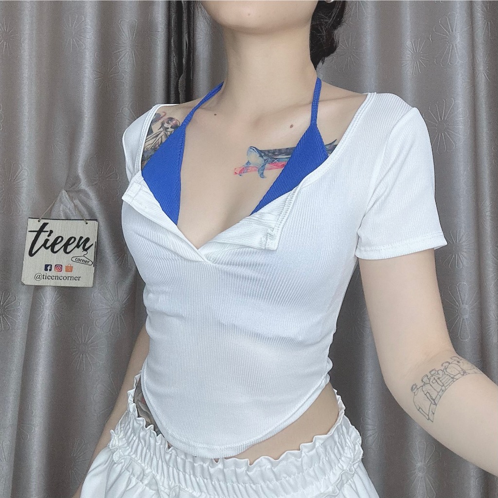 Set 2 áo tay dài vạt bầu có nút kèm áo bikini có mút cá tính tieencorner 424