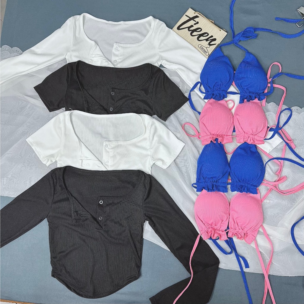 Set 2 áo tay dài vạt bầu có nút kèm áo bikini có mút cá tính tieencorner 424