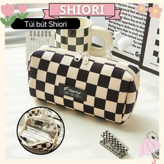  Túi Bút Caro Vintage Flower Sức Chứa Lớn Hộp Bút Trắng Đen Chất Liệu Vải Nhung Min Phong Cách Nhật Bản 