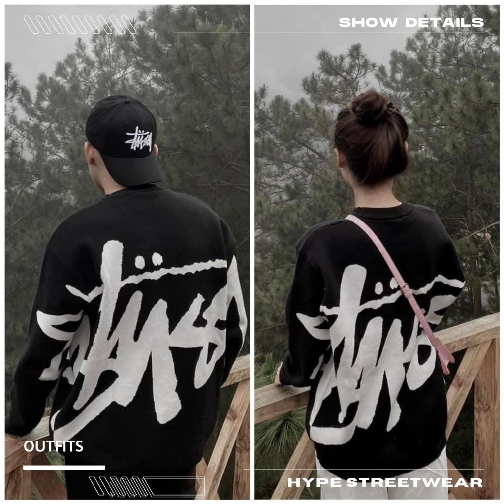 Áo Sweater Stussy Stock Logo Đen/Hồng vải len bản cao cấp | HYPE STREETWEAR .