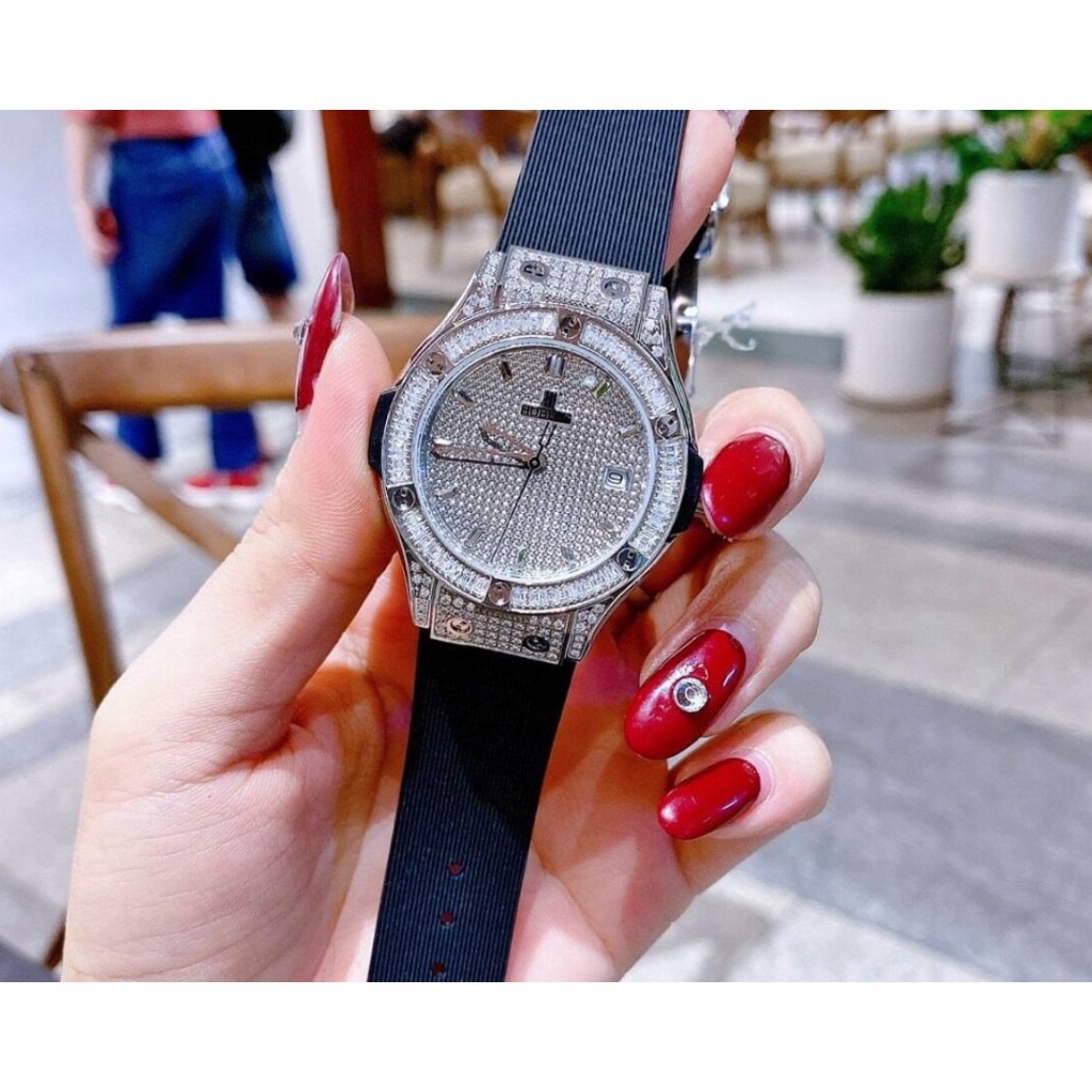 Đồng Hồ Nữ HuIlot Đen Full Đá Cao Cấp Sang Chảnh Case 34mm Máy Pin Nhật Xịn Bảo Hành 12 Tháng