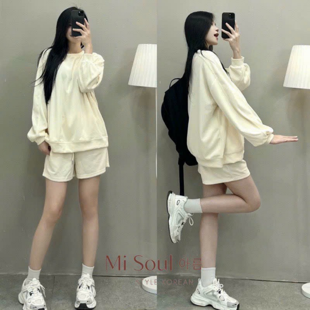 Set Bộ Nỉ Tăm SWEATER Trơn Nữ Đẹp BIGSIZE chất Nỉ Tăm Mịn Cao Cấp, Bộ quần áo thu đông nữ dài tay kèm quần short Siêu Xi