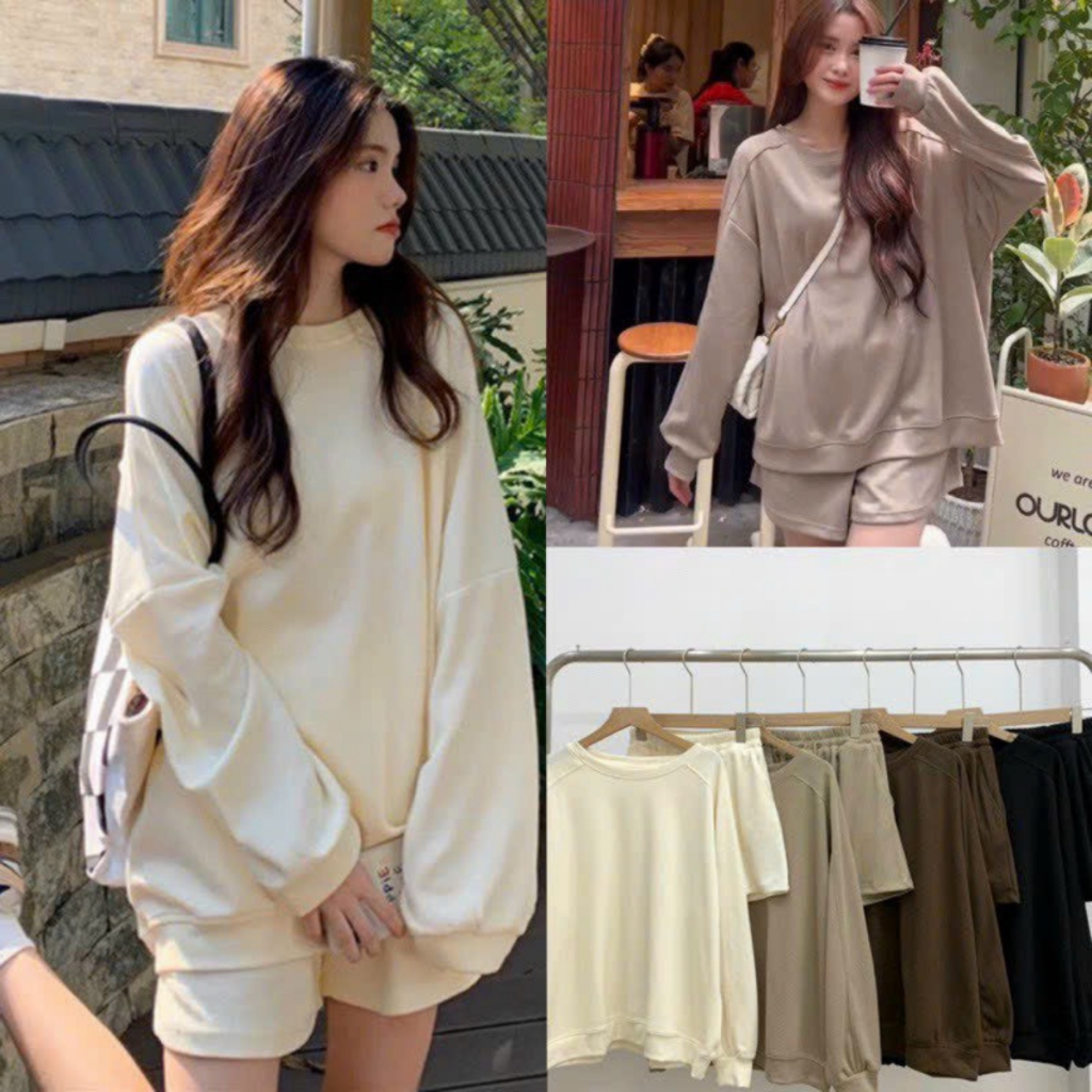 Set Bộ Nỉ Tăm SWEATER Trơn Nữ Đẹp BIGSIZE chất Nỉ Tăm Mịn Cao Cấp, Bộ quần áo thu đông nữ dài tay kèm quần short Siêu Xi