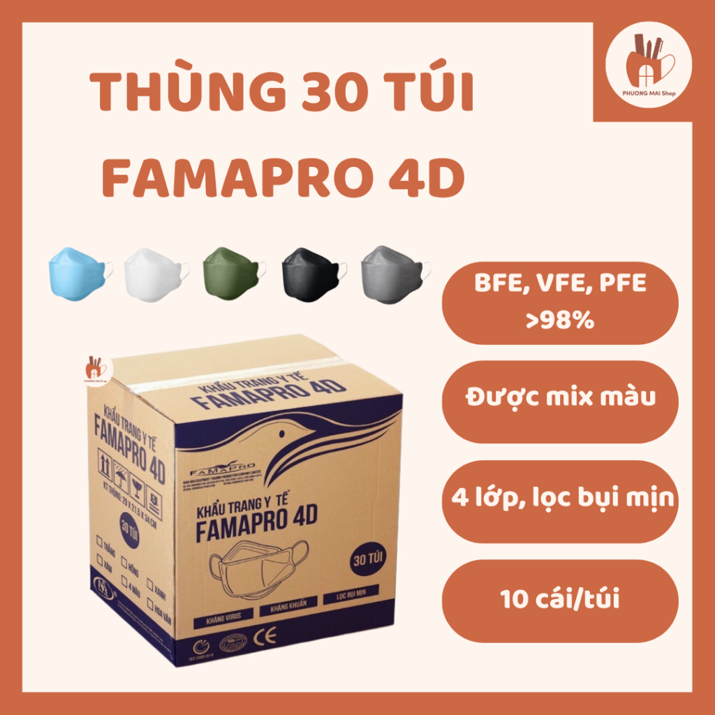 Thùng 300 khẩu trang 4D, KT y tế cao cấp kháng khuẩn 4 lớp Famapro