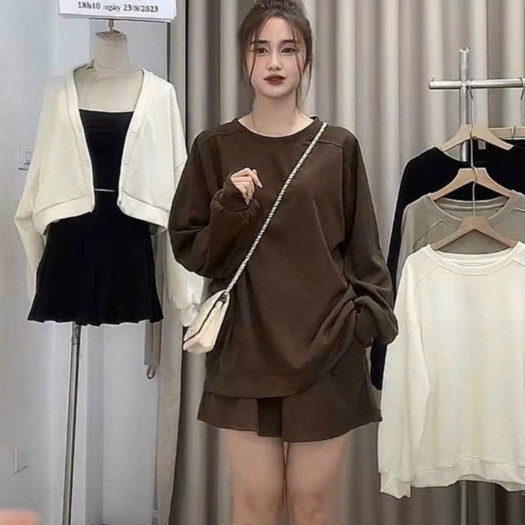 Set Bộ Nỉ Tăm SWEATER Trơn Nữ Đẹp BIGSIZE chất Nỉ Tăm Mịn Cao Cấp, Bộ quần áo thu đông nữ dài tay kèm quần short Siêu Xi