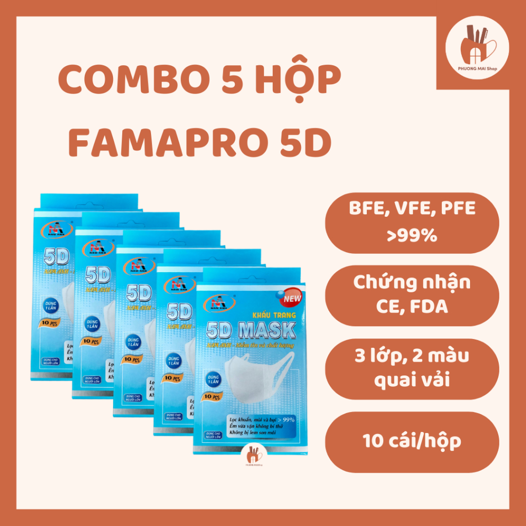 Khẩu Trang Y Tế kháng khuẩn 3 lớp Famapro 5D quai vải