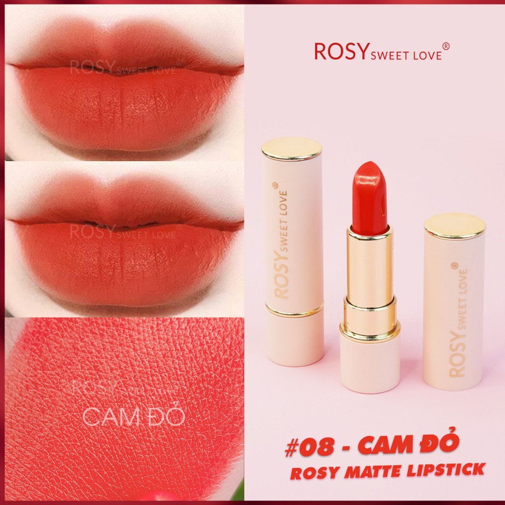 Son Thỏi sáp ROSY SWEETLOVE- CAM ĐỎ, không chì, bền màu dưỡng mềm môi