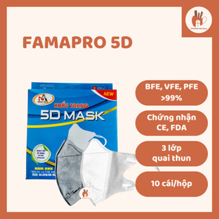 [5D MASK QUAI THUN - HỘP 10 CÁI] Khẩu Trang Y Tế kháng khuẩn 3 lớp Famapro 5D quai thun