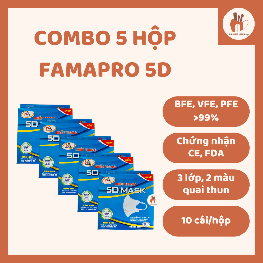 Khẩu Trang Y Tế kháng khuẩn 3 lớp Famapro 5D quai thun