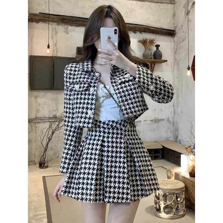 Set váy dạ nữ kẻ ziczac 2 lớp sang cảnh - Set áo khoác dạ croptop kèm chân váy xòe xếp ly phong cách hàn quốc ảnh thật