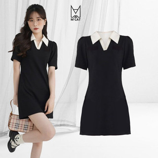 Đầm ngắn cổ sơ mi phối đen trắng Adela