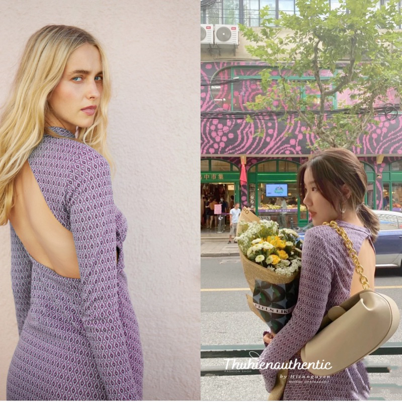 Váy dài tay tím hoạ tiết cutout lưng mã code: 8822/327 ZARA chính hãng(kèm ảnh thật)