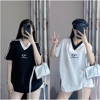 Áo phông cotton khô form rộng cổ tim thêu chữ freesize 40-70kg top nam nữ