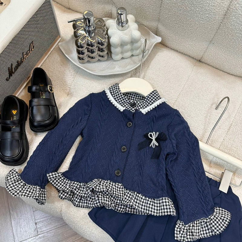 Set váy than - viền caro bé gái