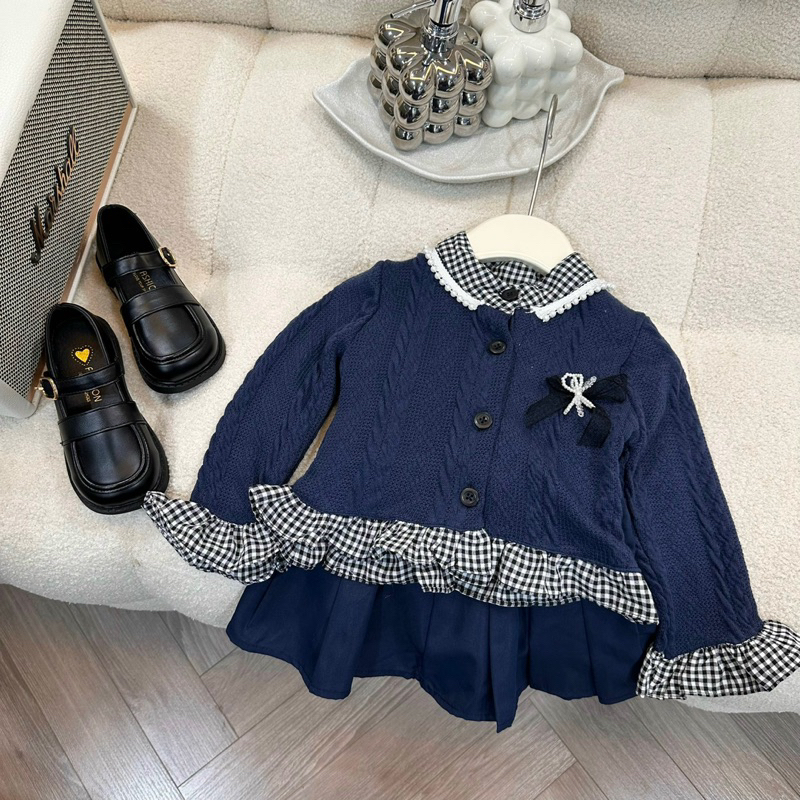 Set váy than - viền caro bé gái