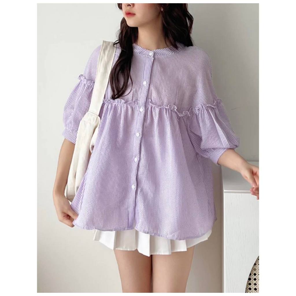 Áo kiểu babydoll tay ngắn phối bèo thiết kế tay phồng cổ trụ