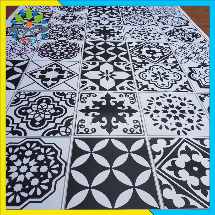 Giấy dán bếp dán trang trí in hình gạch bông cách nước, chất liệu decal PVC, kích thước 0.6m x 1.0m mỗi miếng