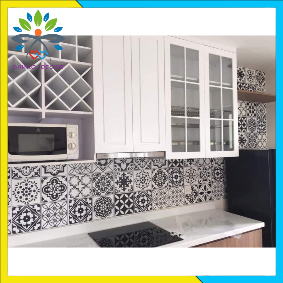 Giấy dán bếp dán trang trí in hình gạch bông cách nước, chất liệu decal PVC, kích thước 0.6m x 1.0m mỗi miếng