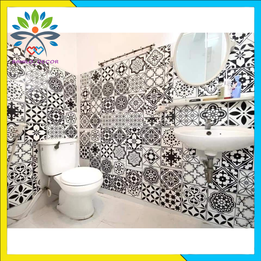 Giấy dán bếp dán trang trí in hình gạch bông cách nước, chất liệu decal PVC, kích thước 0.6m x 1.0m mỗi miếng