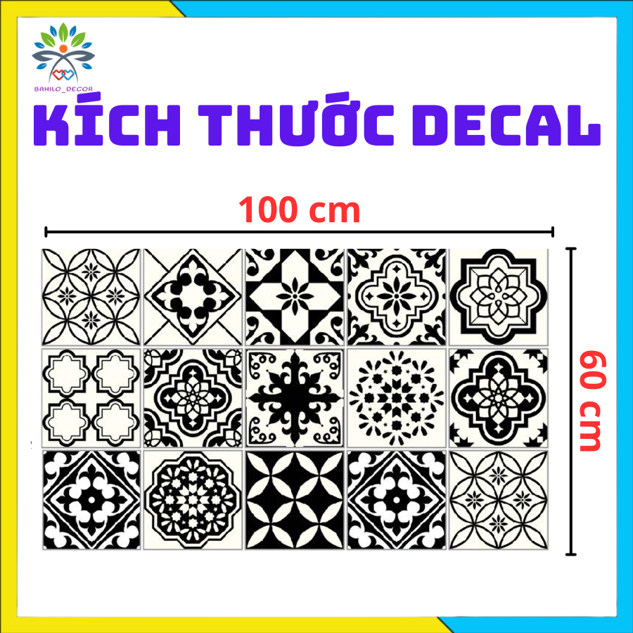 Giấy dán bếp dán trang trí in hình gạch bông cách nước, chất liệu decal PVC, kích thước 0.6m x 1.0m mỗi miếng