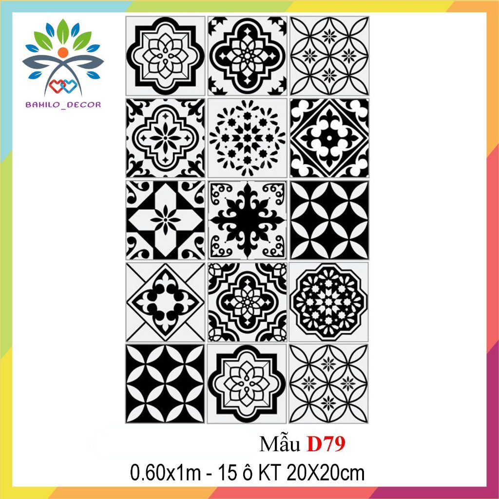 Giấy dán bếp dán trang trí in hình gạch bông cách nước, chất liệu decal PVC, kích thước 0.6m x 1.0m mỗi miếng