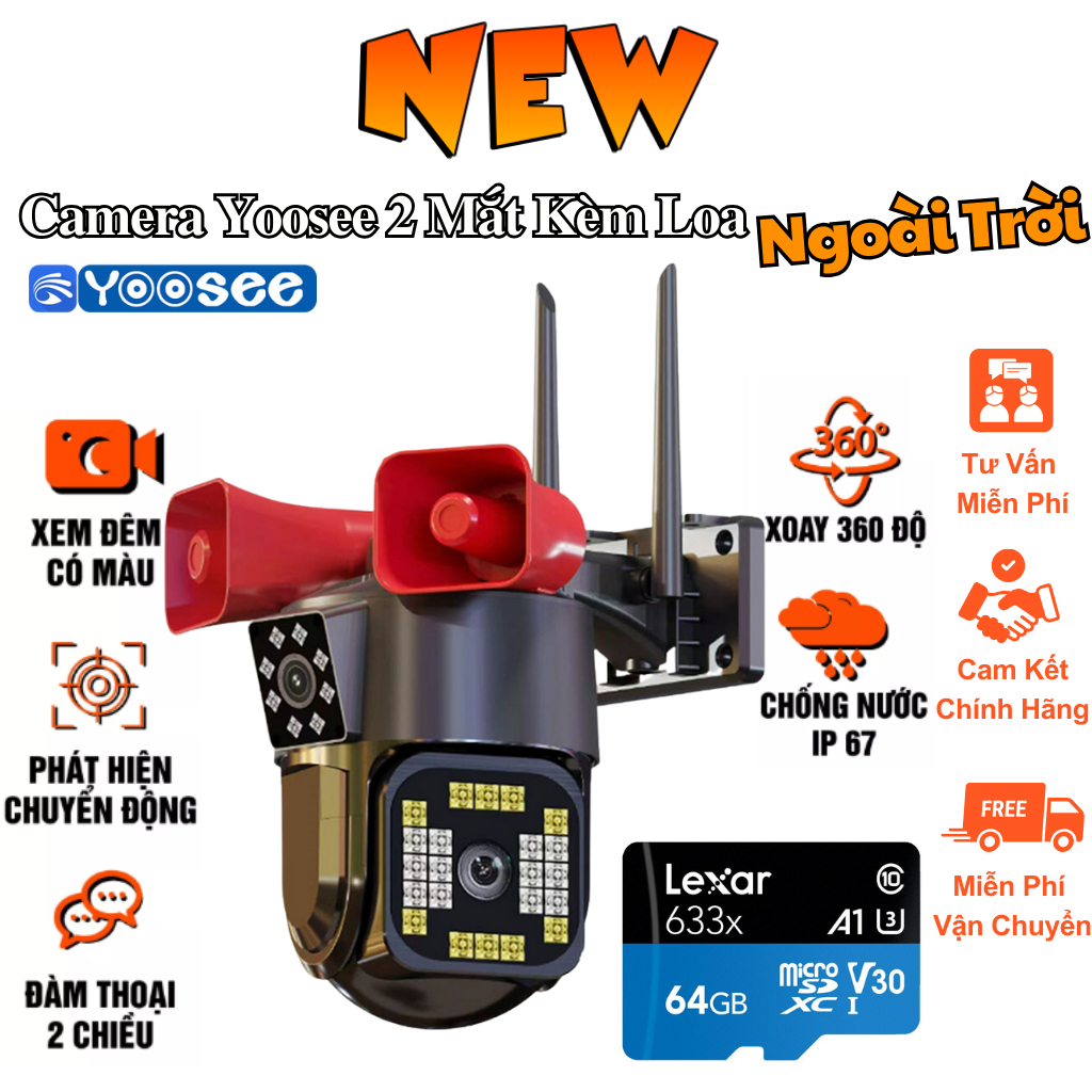 Camera Yoosee 2 Mắt Ngoài Trời Kèm Loa, Chống Nước Ip67, Camera Kép, Xoay 360 độ, Chất Lượng Hình Ảnh 2K, Bảo Hành 12 T