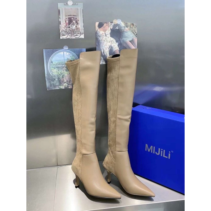 Bốt đùi Mijili da pha nhung mịn mũi nhọn gót cao 7cm