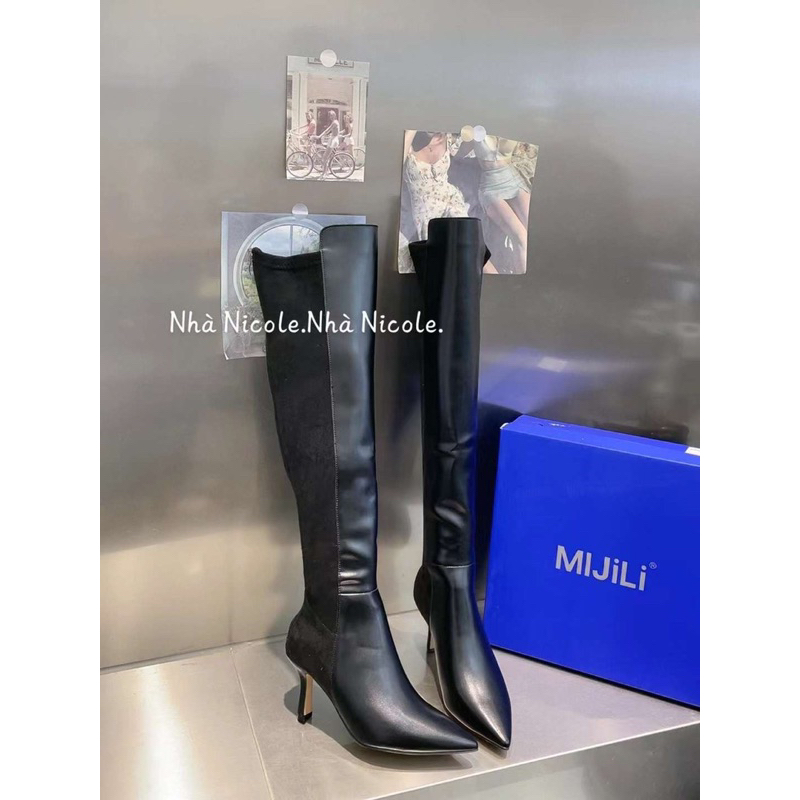 Bốt đùi Mijili da pha nhung mịn mũi nhọn gót cao 7cm