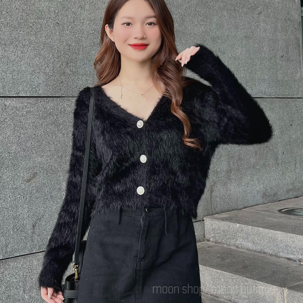 Áo Cardigan Len Nữ Dáng Croptop Lông Ngắn Đính Cúc Ngọc Thời Trang, Áo Len Thiết Kế Sang Chảnh