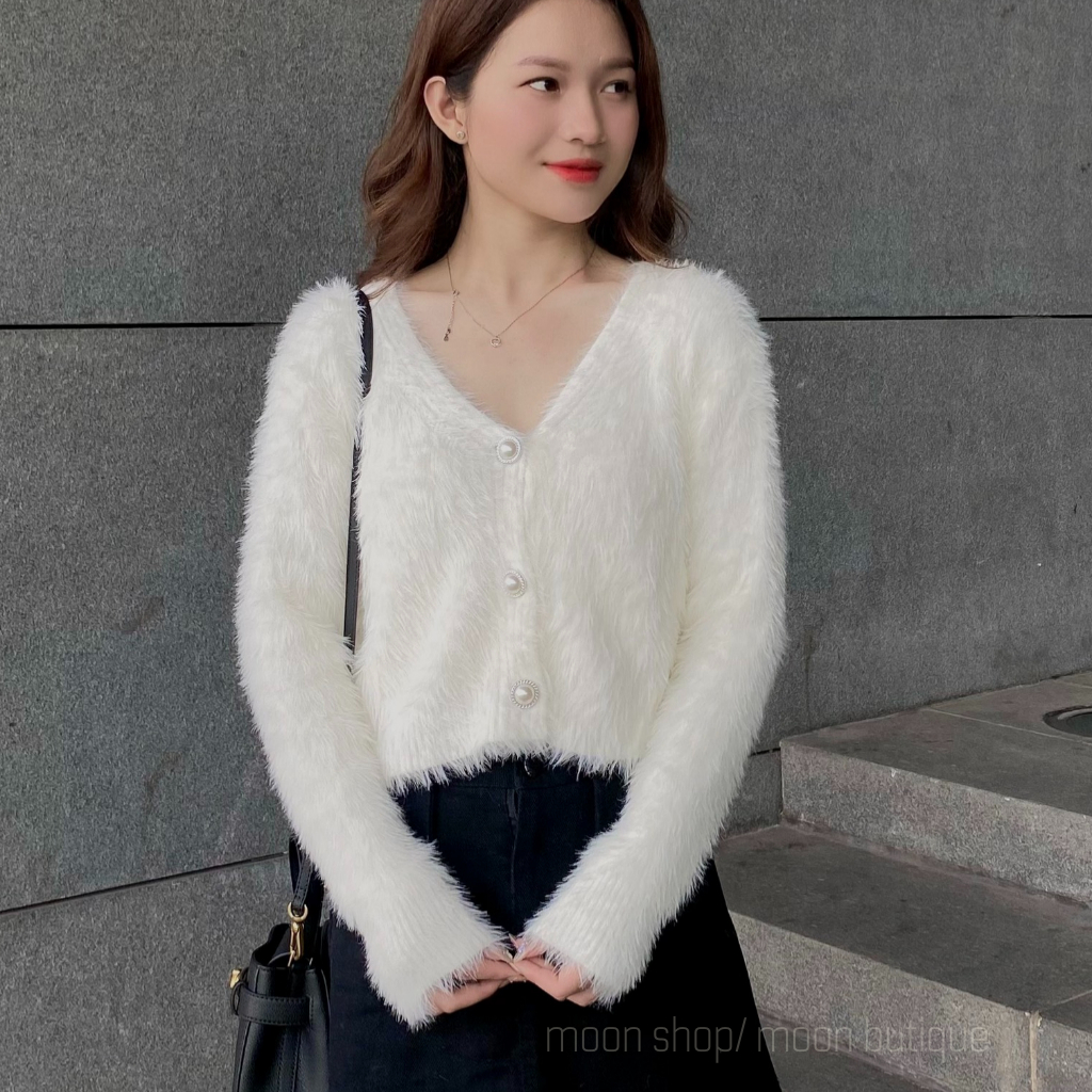 Áo Cardigan Len Nữ Dáng Croptop Lông Ngắn Đính Cúc Ngọc Thời Trang, Áo Len Thiết Kế Sang Chảnh