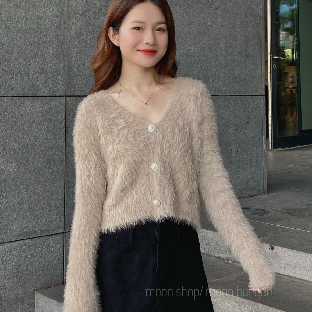 Áo Cardigan Len Nữ Dáng Croptop Lông Ngắn Đính Cúc Ngọc Thời Trang, Áo Len Thiết Kế Sang Chảnh