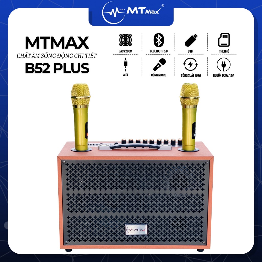 Loa Di Động Karaoke 10 Nút MTMAX B52Plus, Bass 20 Âm Thanh Trung Thực Đa Dạng Kết Nối BT, AUX, USB, TF