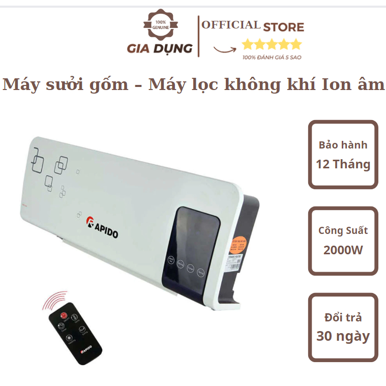 Máy sưởi gốm, quạt sưởi ấm nhanh Rapido RCH2000-D hàng chính hãng, không làm khô, không nứt nẻ da, bảo hành 12 tháng