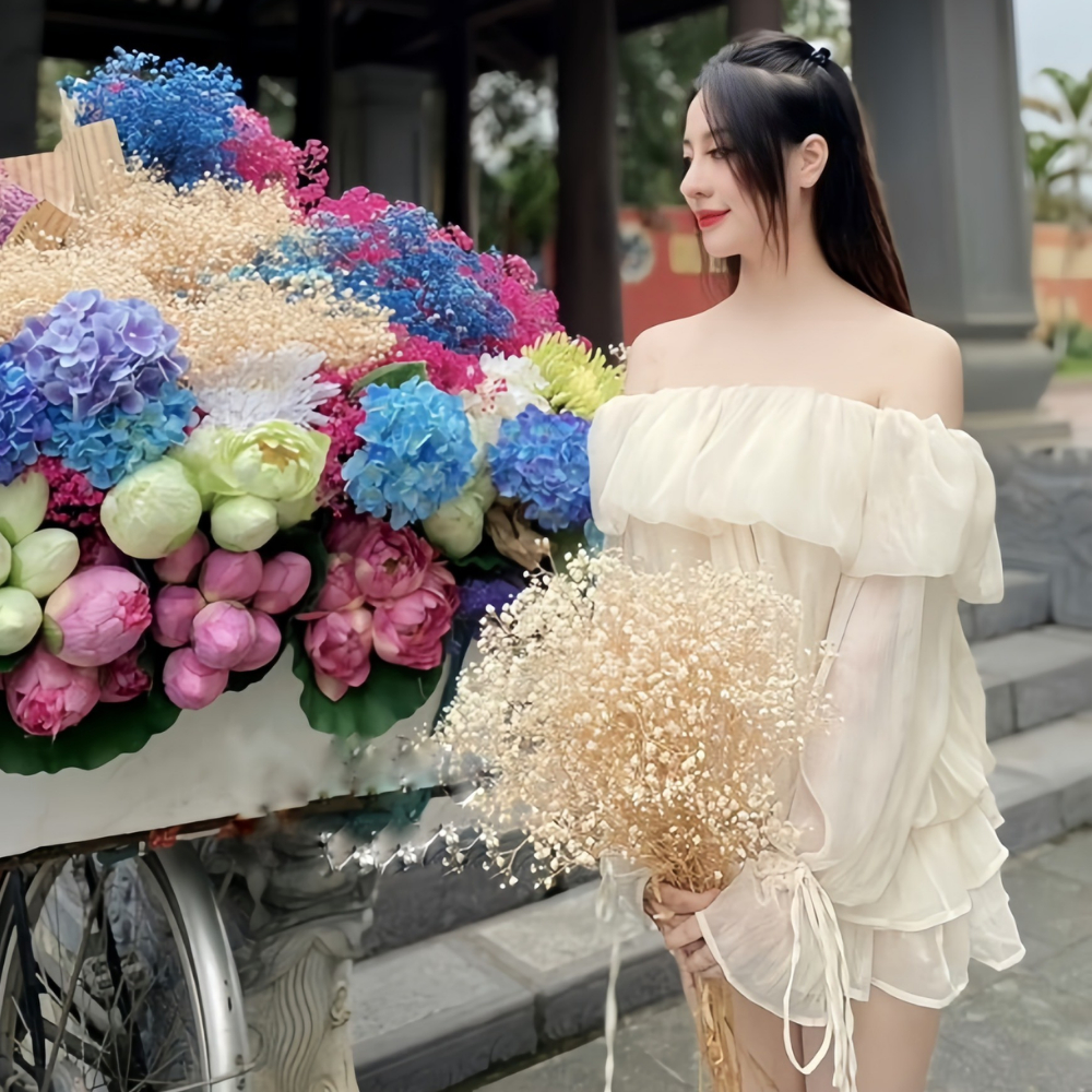 Set váy xoè tầng áo trễ vai bo chun dài tay loe thắt dây, áo có viền trên siêu bánh bèo xinh xắn