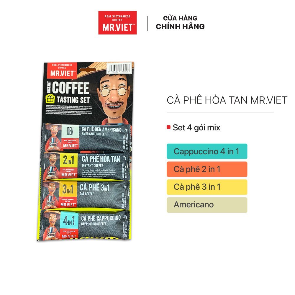 Set 4 gói cà phê hòa tan, cà phê đen, 2in1, 3in1, cappuccino 4in1 - MR.VIET Coffee