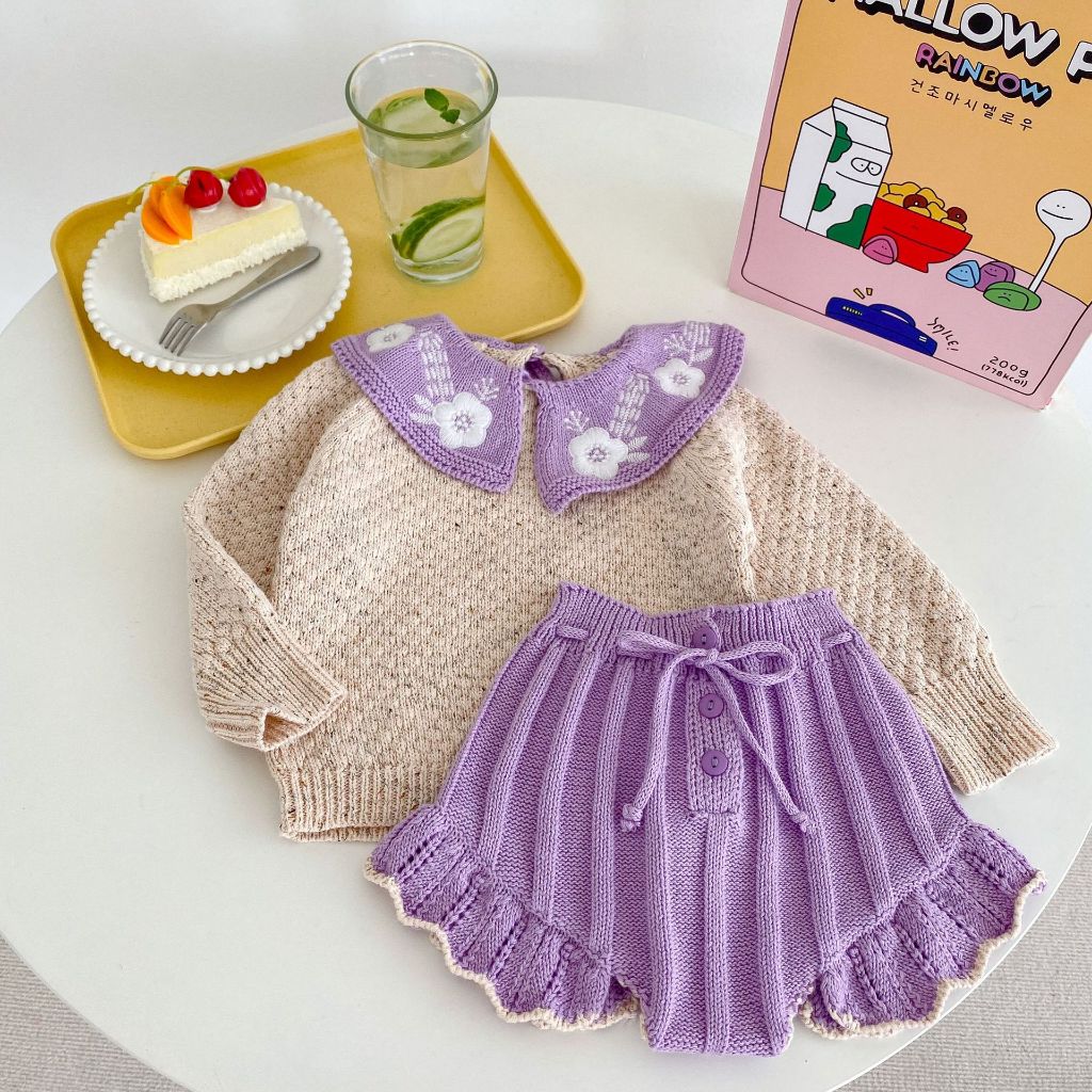Set Len Be Tím cổ thêu hoa cho bé gái