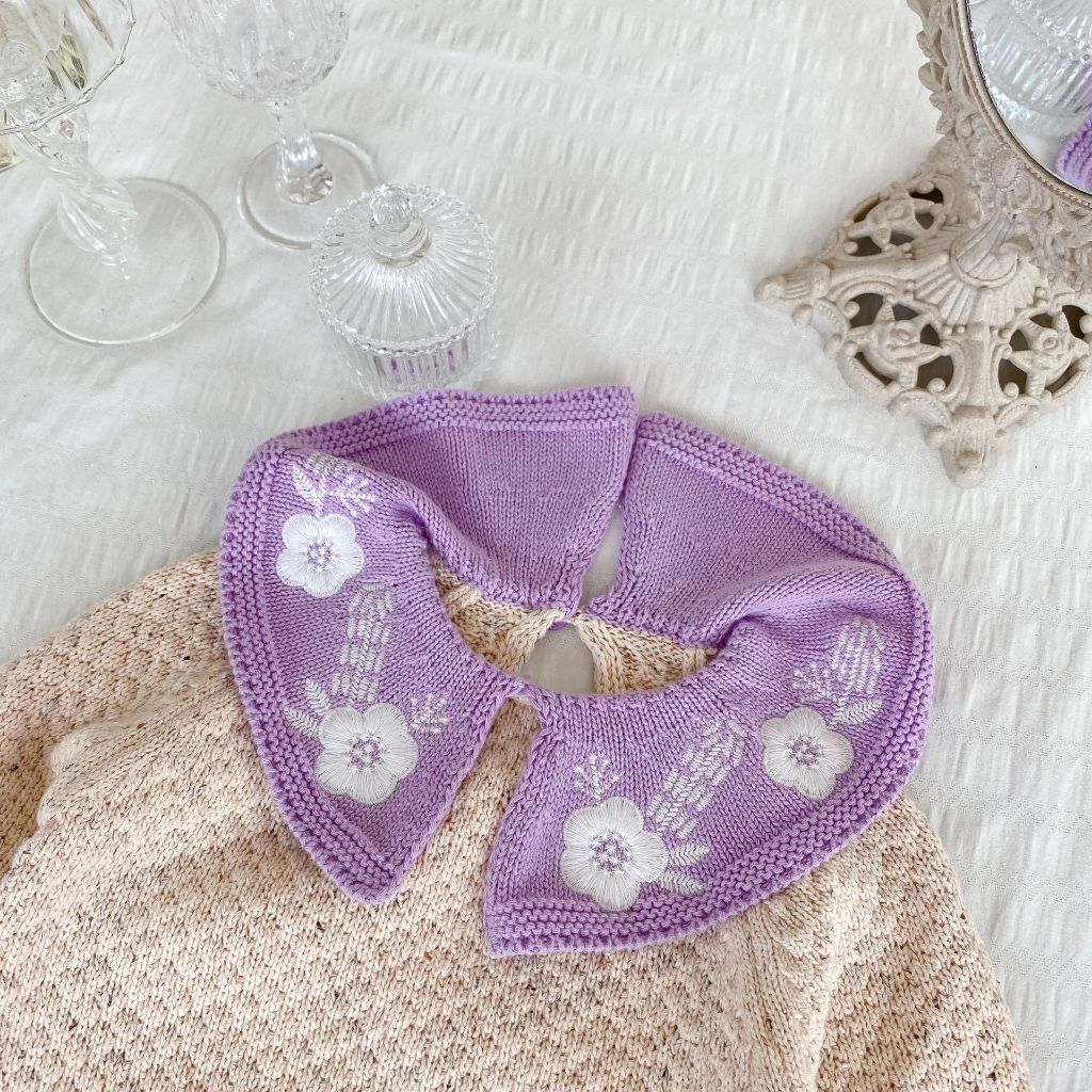 Set Len Be Tím cổ thêu hoa cho bé gái