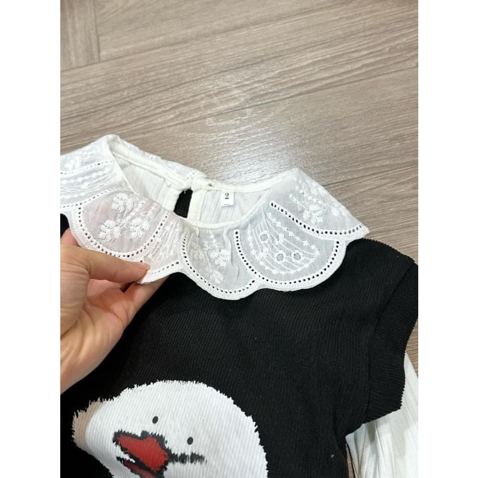 Set 3 chi tiết áo gile hình con vịt, ,chân váy kẻ cho bé