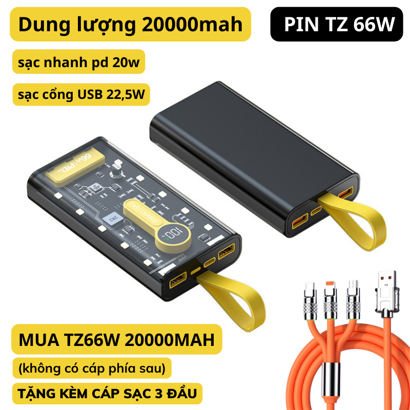 Sạc Dự Phòng 20000mAh - 66W sạc siêu nhanh, Có Màn Hình Hiển Thị, 2 Cổng USB, 1 Cổng Sạc Nhanh TypeC
