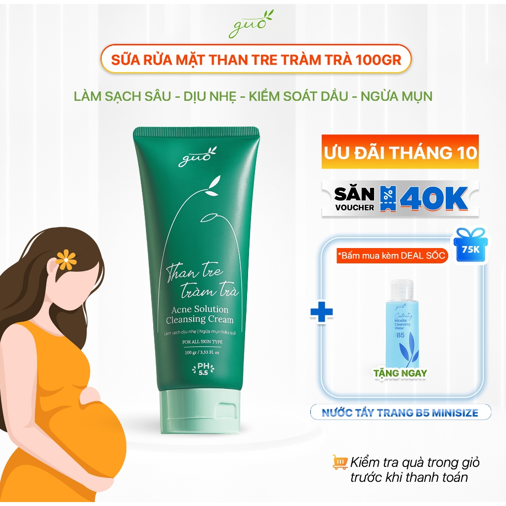 Sữa Rửa Mặt An Toàn cho Bà Bầu Than Tre Tràm Trà Kiềm Dầu Ngừa Mụn GUO 100g