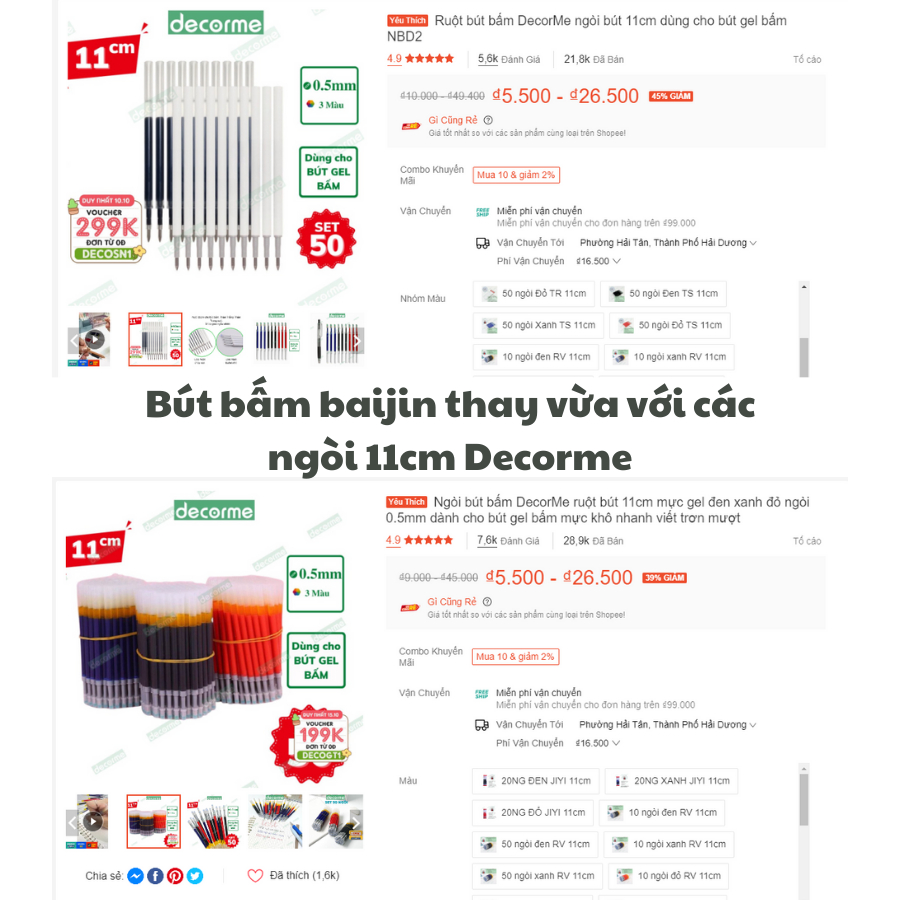 Bút gel bấm Baijin Dupe Muji mực đen 0.5mm DecorMe Bút gel bấm mực đen xanh đỏ ngòi 0.5