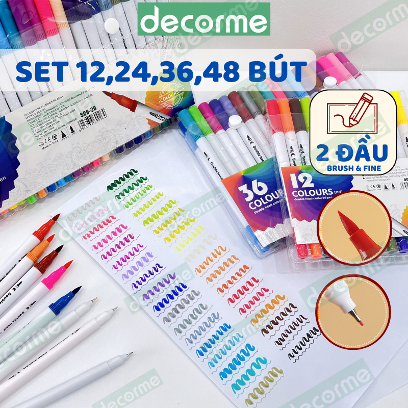 Bút brush viết calligraphy DecorMe bút dual tip brush pen 2 đầu đa năng trang trí sổ, bullet jounal, take notes