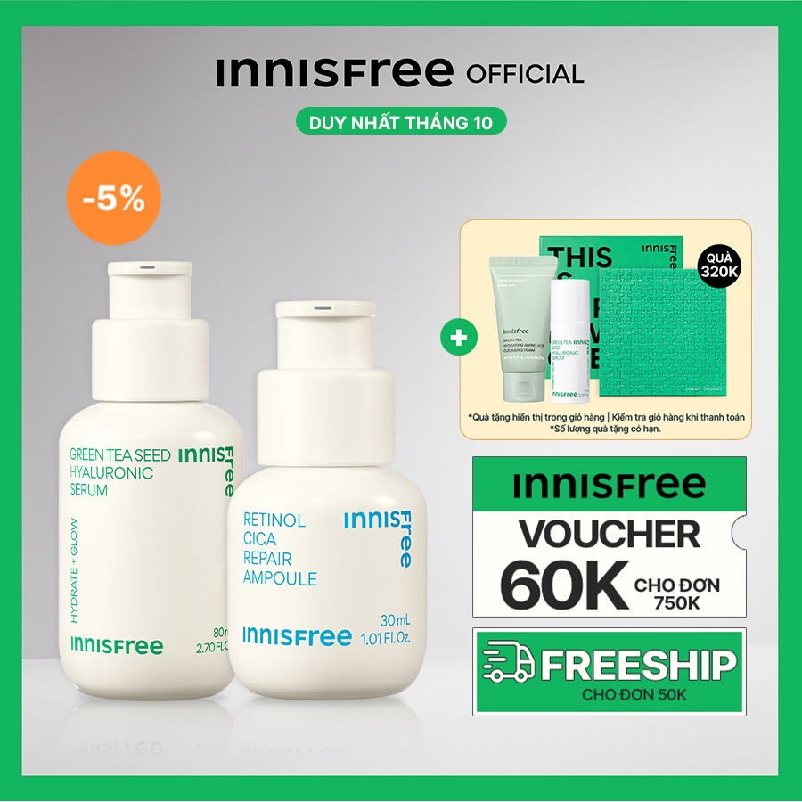 Bộ đôi serum cấp ẩm phục hồi da INNISFREE Green Tea Seed Hyaluronic Serum 80ml & Retinol Cica Repair Ampoule 30ml