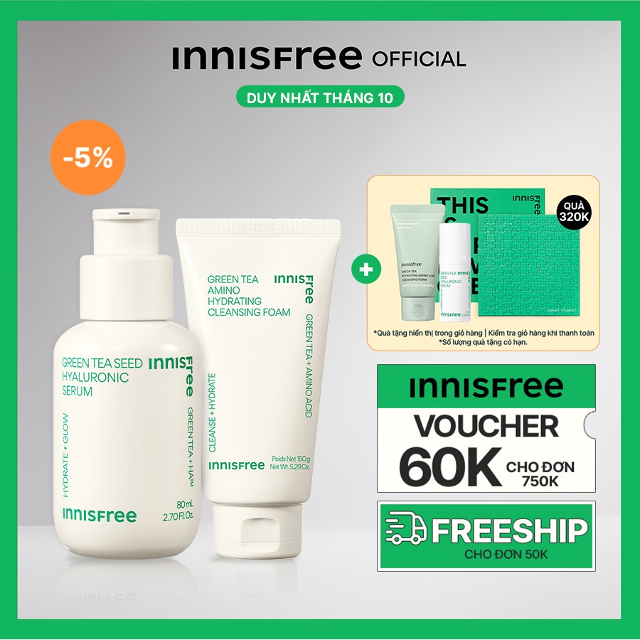 Bộ đôi làm sạch & cấp ẩm Sữa rửa mặt INNISFREE GreenTea Amino Cleansing Foam 150g & Green Tea Seed Hyaluronic Serum 80mL