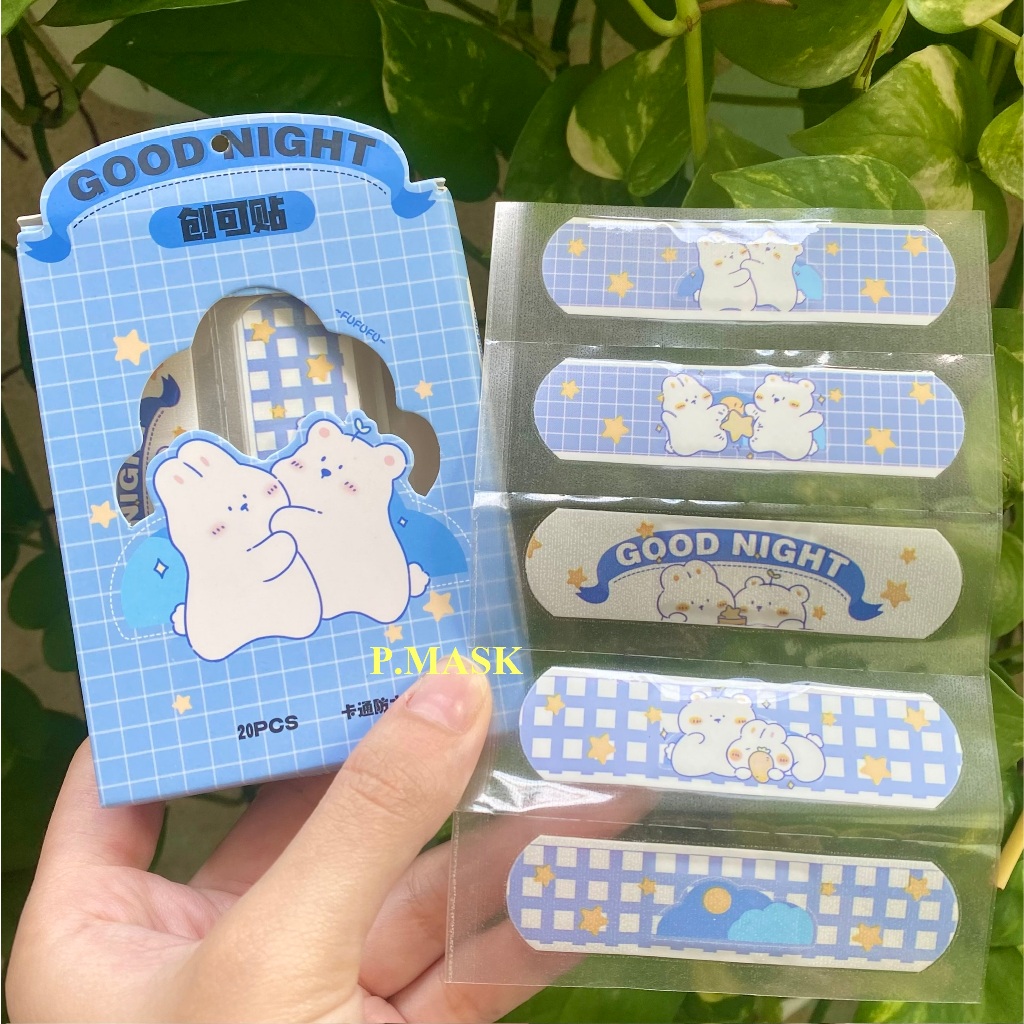 BĂNG CÁ NHÂN IN HÌNH GẤU GOOD NIGHT MÀU XANH dễ thương cho bé 20 MIẾNG / HỘP 7.2 x 1.9 cm