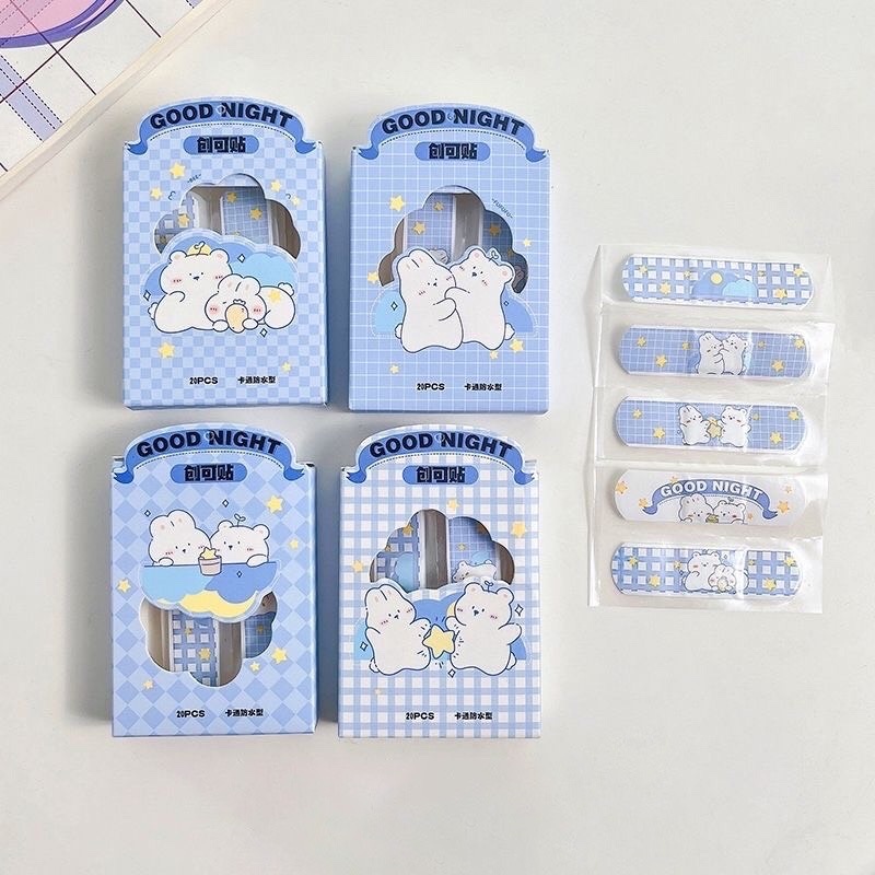 BĂNG CÁ NHÂN IN HÌNH GẤU GOOD NIGHT MÀU XANH dễ thương cho bé 20 MIẾNG / HỘP 7.2 x 1.9 cm