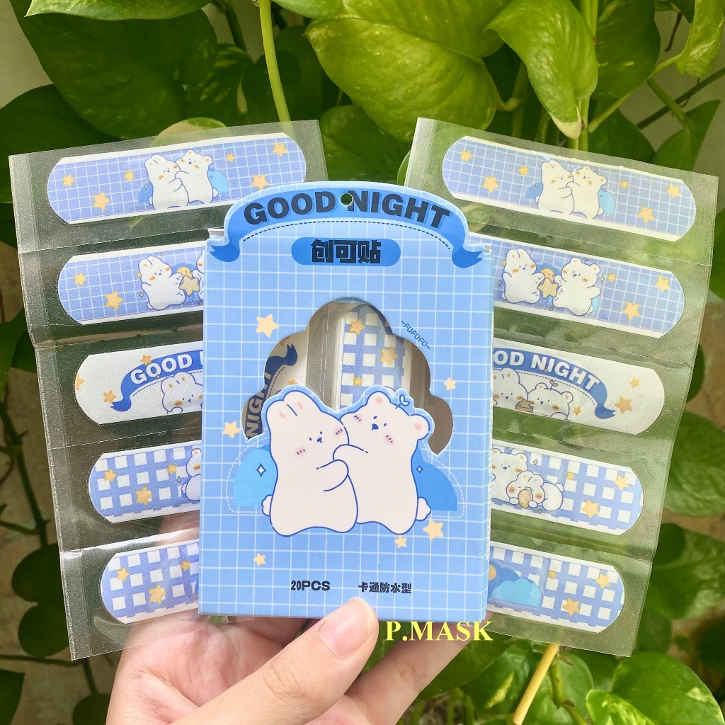 BĂNG CÁ NHÂN IN HÌNH GẤU GOOD NIGHT MÀU XANH dễ thương cho bé 20 MIẾNG / HỘP 7.2 x 1.9 cm