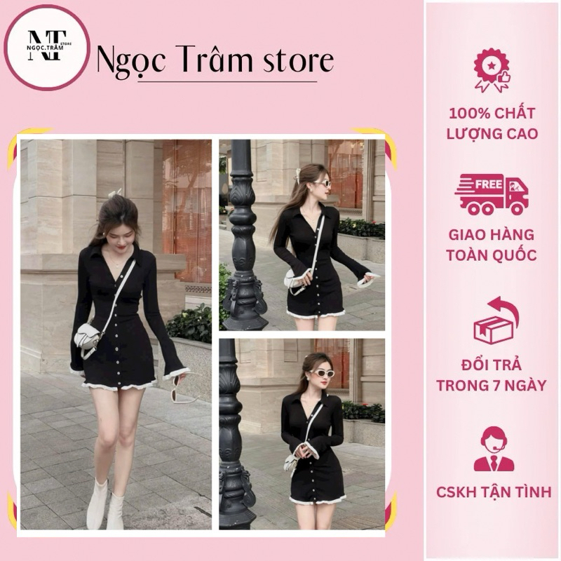 ĐẦM GÂN BODY ĐEN CỔ SƠ MI TAY DÀI PHỐI BÈO REN KEM