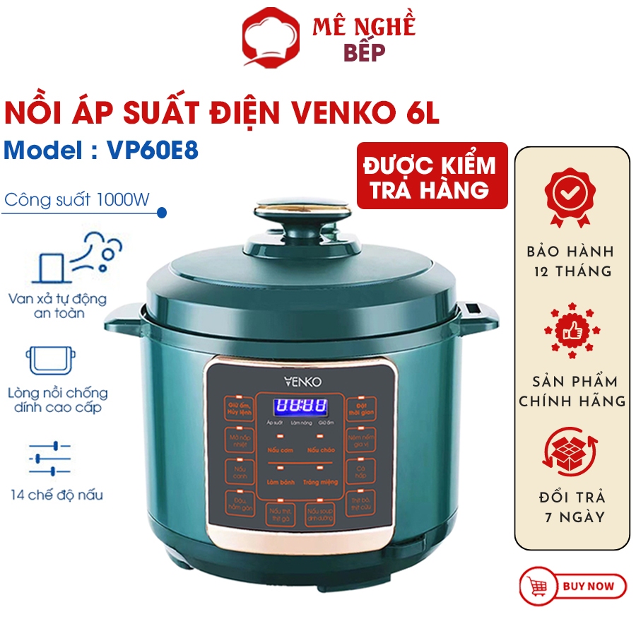 Nồi Điện Đa Năng Venko 6L, Van Xả Tự Động, 14 Chức Năng, Lòng Nồi Chống Dính, Nồi Áp Suất, Nấu Cháo, Bảo Hành 12 Tháng