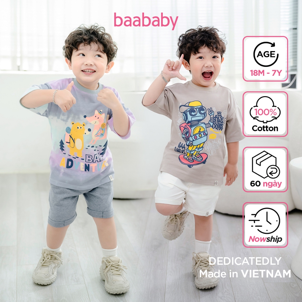 Áo thun bé trai, áo thun form rộng cho bé trai cotton in hình dễ thương cho bé từ 1 tuổi - 7 tuổi Baa Baby B-BT-AT30N